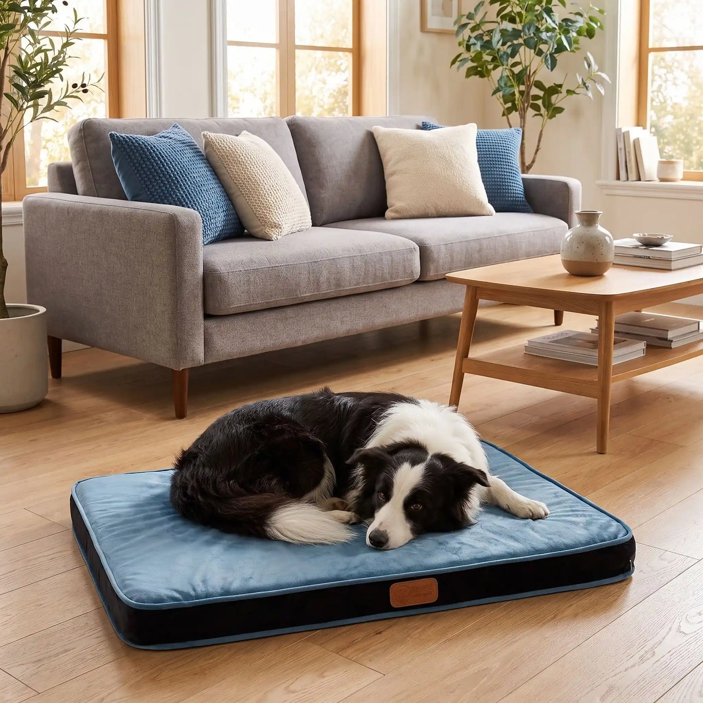 Coussin-déhoussable-chien-chiot-orthopédique avec son matelas en éponge coton haute densité anti-affaissement, rectangulaire et épais, housse en velours et solide, tapis d'appoint pour panier, cage, niche, etc. fond antidérapant, déhoussable et lavable en machine, disponible en 3 tailles S, M et L pour chien jusqu'à 20 kilos max-un chien moyenne race couché confortablement en boule sur le coussin rectangulaire bleu taille L dans le salon de l'appartement