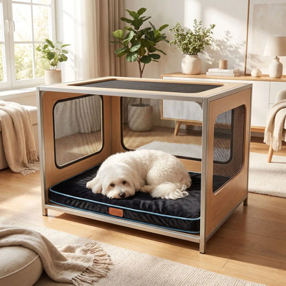 Coussin-déhoussable-chien-chiot-orthopédique avec son matelas en éponge coton haute densité anti-affaissement, rectangulaire et épais, housse en velours et solide, tapis d'appoint pour panier, cage, niche, etc. fond antidérapant, déhoussable et lavable en machine, disponible en 3 tailles S, M et L pour chien jusqu'à 20 kilos max-un chien de petite race qui dort couché confortablement sur le coussin rectangulaire noir dans sa cage intérieur en bois dans le salon de l'appartement