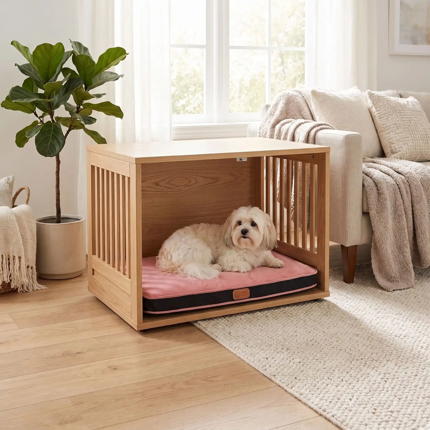 Coussin-déhoussable-chien-chiot-orthopédique avec son matelas en éponge coton haute densité anti-affaissement, rectangulaire et épais, housse en velours et solide, tapis d'appoint pour panier, cage, niche, etc. fond antidérapant, déhoussable et lavable en machine, disponible en 3 tailles S, M et L pour chien jusqu'à 20 kilos max-un chien petite race couché confortablement sur le coussin rectangulaire rose dans sa niche en bois design dans le salon de la maison