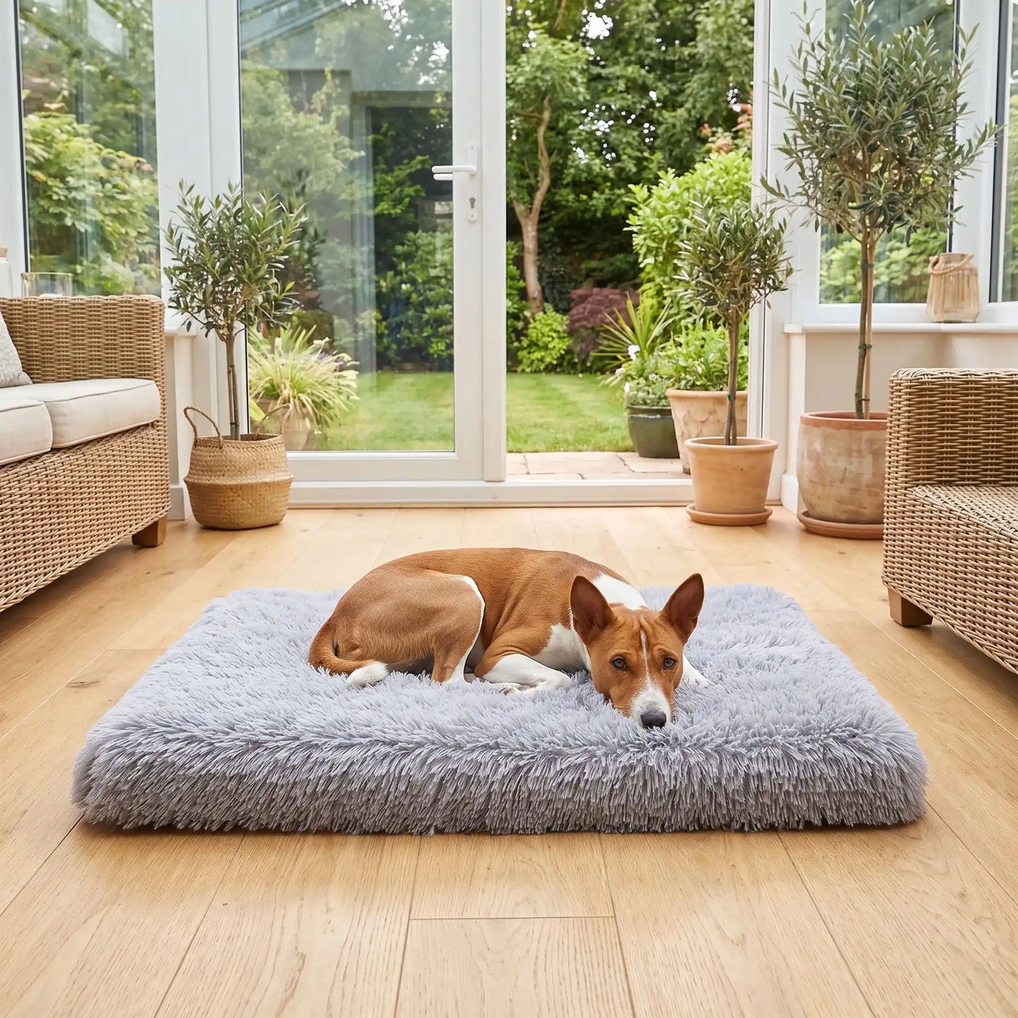 Coussin-déhoussable-pour-chien-chiot-lit-orthopédique-housse en peluche resistante et ultra douce, matelas à memoire de forme 100% coton haute résilience , housse 100% imperméable et antidérapant, lavavble en machien, rectangulaire, polyvalent : au sol, dans un panier, niche, cage interieur, cage de transport, etc. disponible en 4 tailles S, M L et XL pour chiot et chien de 0 à 35 kg max-un chien de taille moyenne qui dort paisiblement sur son coussin en peluche gris clair sur le sol en parquet du salon