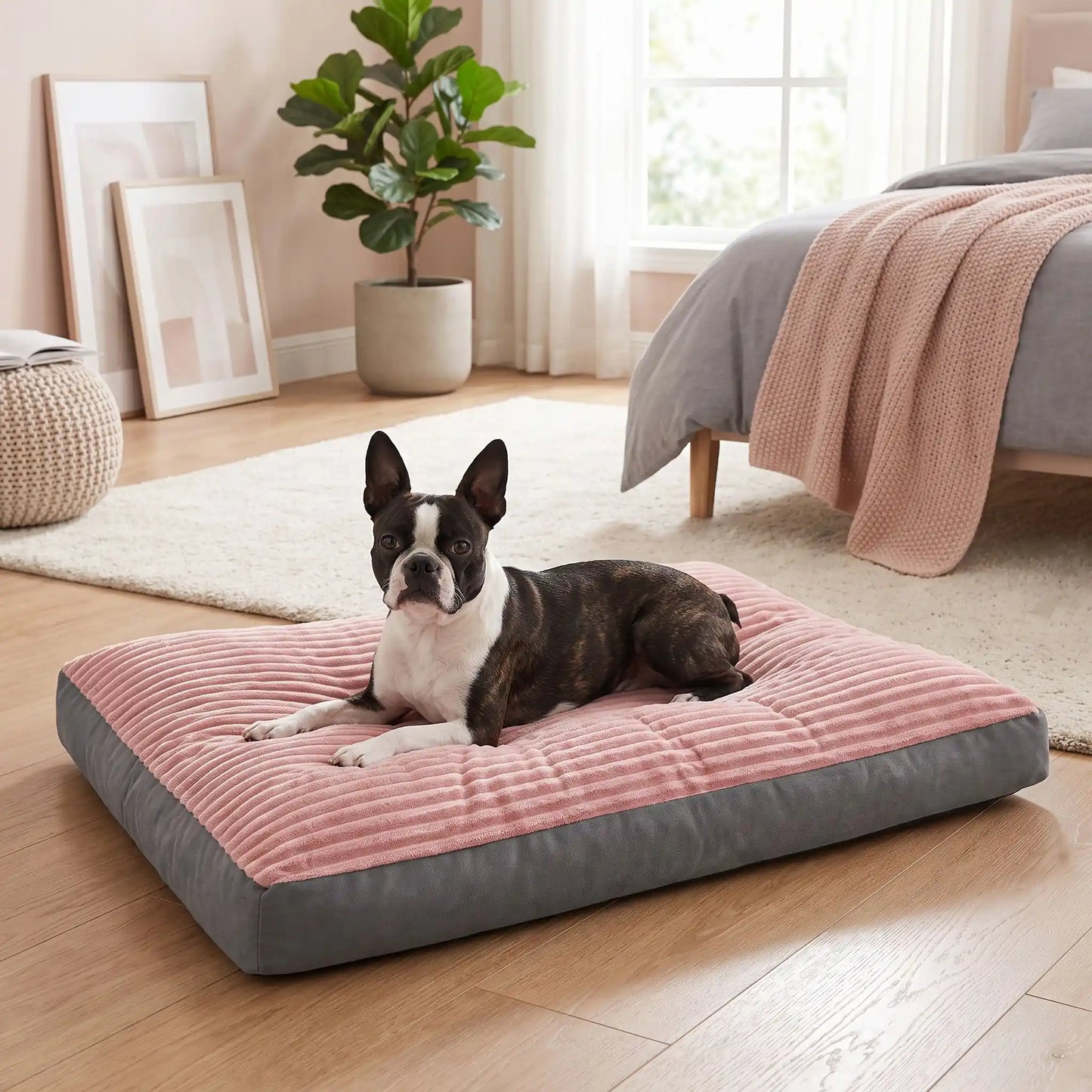Coussin-déhoussable-pour-chien-chiot-matelas rectangulaire épais, rembourrage 100% coton haute densité ergonomique, totalement déhoussable et lavable en machine, housse en velours côtelé doux et résistant au griffes et morsures, fond imperlméable et antidérapant,transportable et léger en 3 tailles L, XL et XXL pour chien de toute tailles jusqu'à 45 kg max-un chien de taille moyenne couché confortablement sur son lit épais design gris et rose rectangulaire sur le sol de la chambre de l'appartement