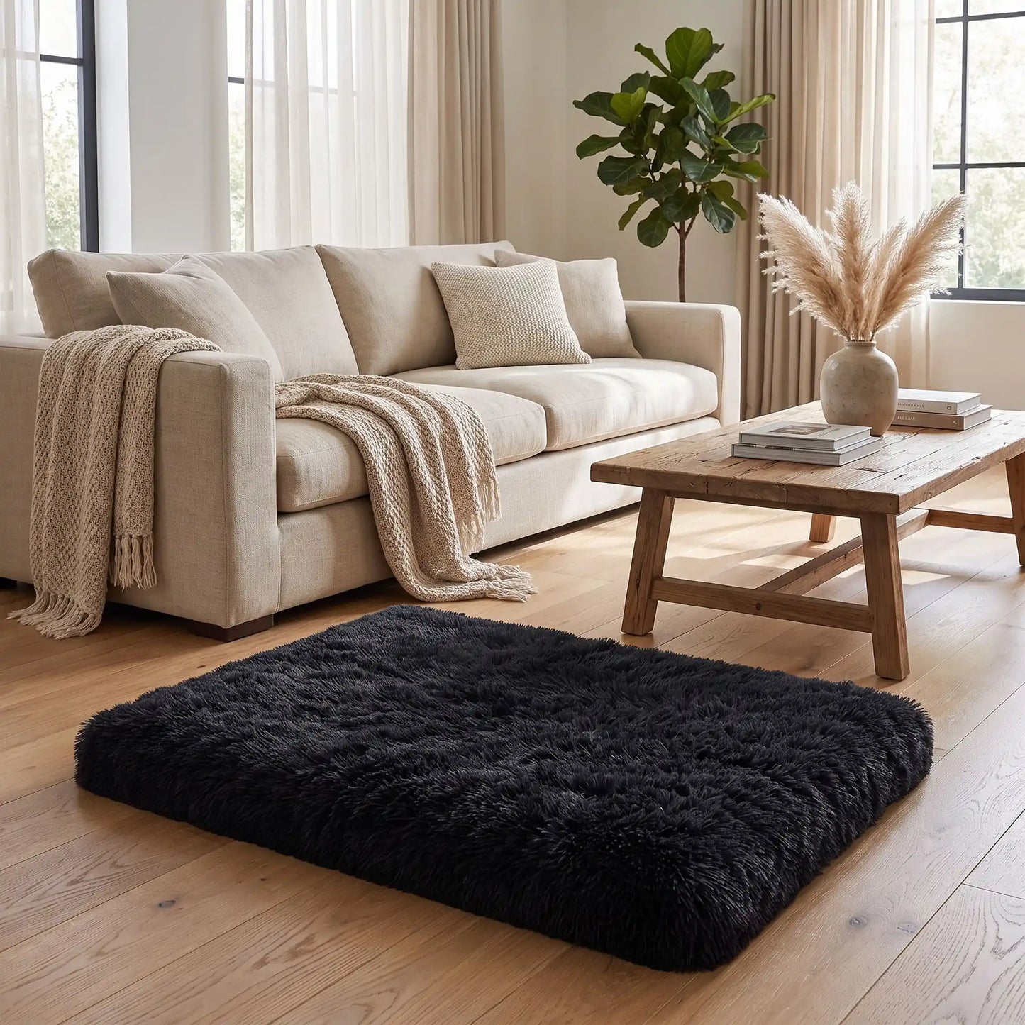 Coussin-déhoussable-pour-chien-chiot-lit-orthopédique-housse en peluche resistante et ultra douce, matelas à memoire de forme 100% coton haute résilience , housse 100% imperméable et antidérapant, lavavble en machine, rectangulaire, polyvalent : au sol, dans un panier, niche, cage interieur, cage de transport, etc. disponible en 4 tailles S, M L et XL pour chiot et chien de 0 à 35 kg max-gros plan sur le coussin en peluche gris foncé rectangulaire xl sur le sol en parquet du salon