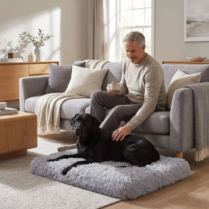 Coussin-déhoussable-pour-chien-chiot-lit-orthopédique-housse en peluche resistante et ultra douce, matelas à memoire de forme 100% coton haute résilience , housse 100% imperméable et antidérapant, lavavble en machien, rectangulaire, polyvalent : au sol, dans un panier, niche, cage interieur, cage de transport, etc. disponible en 4 tailles S, M L et XL pour chiot et chien de 0 à 35 kg max-un chien de grande taille couché confortablement sur son coussin en peluche gris au pied de son maitre qui le caresse