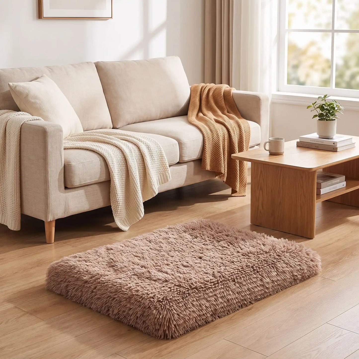 Coussin-déhoussable-pour-chien-chiot-lit-orthopédique-housse en peluche resistante et ultra douce, matelas à memoire de forme 100% coton haute résilience , housse 100% imperméable et antidérapant, lavavble en machien, rectangulaire, polyvalent : au sol, dans un panier, niche, cage interieur, cage de transport, etc. disponible en 4 tailles S, M L et XL pour chiot et chien de 0 à 35 kg max-gros plan sur le coussin en peluche marron sur le sol en parquet du salon de l'appartement