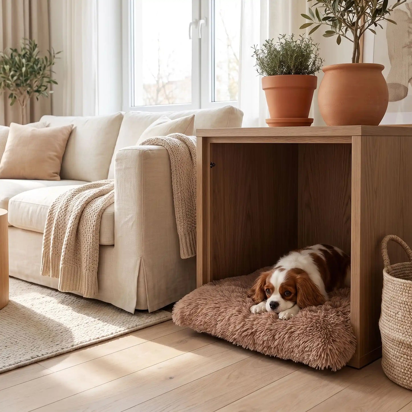 Coussin-déhoussable-pour-chien-chiot-lit-orthopédique-housse en peluche resistante et ultra douce, matelas à memoire de forme 100% coton haute résilience , housse 100% imperméable et antidérapant, lavavble en machien, rectangulaire, polyvalent : au sol, dans un panier, niche, cage interieur, cage de transport, etc. disponible en 4 tailles S, M L et XL pour chiot et chien de 0 à 35 kg max-un chien de taille moyenne qui dort paisiblement sur son coussin en peluche dans sa niche en bois intérieur dans le salon