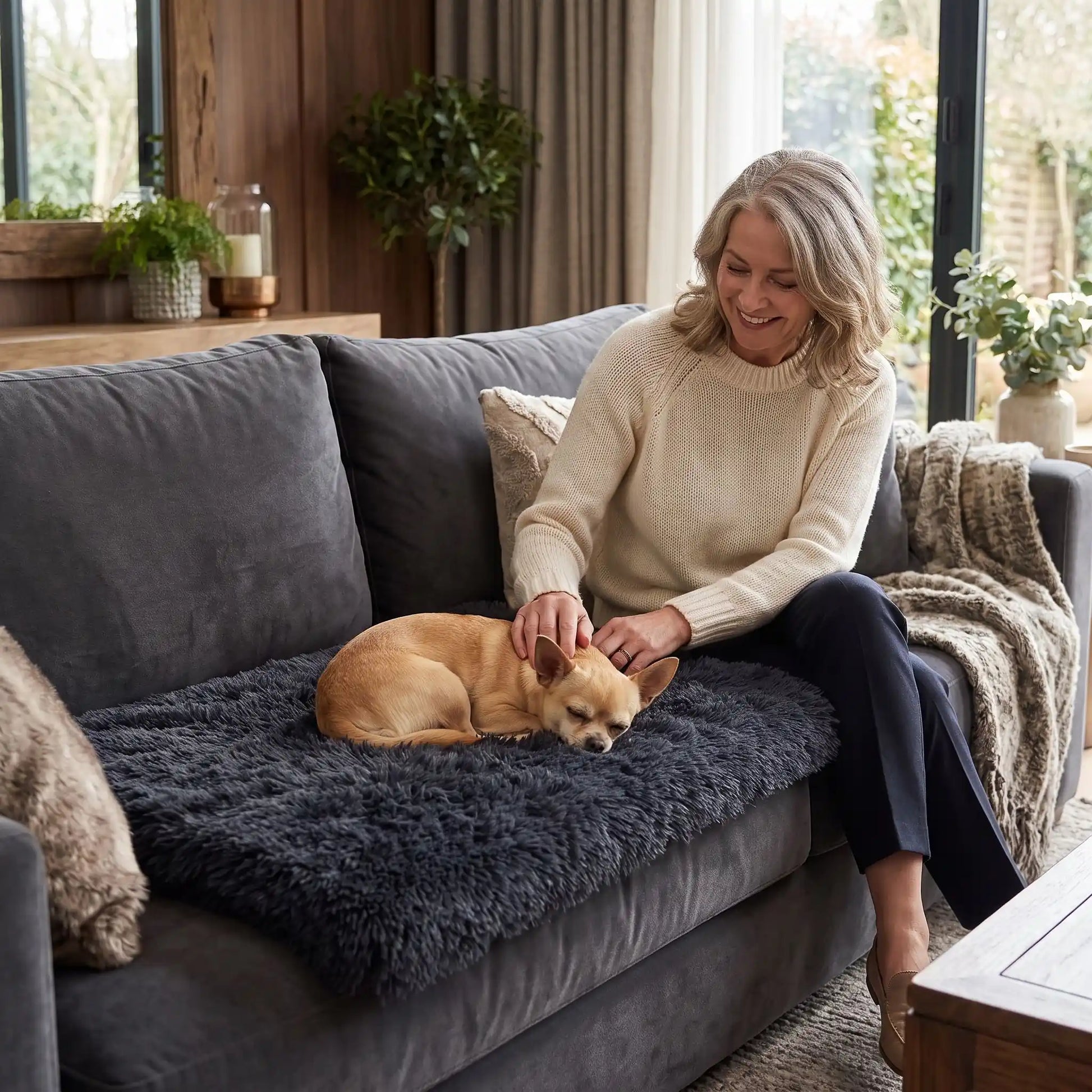 Coussin-déhoussable-pour-chien-chiot-lit-orthopédique-housse en peluche resistante et ultra douce, matelas à memoire de forme 100% coton haute résilience , housse 100% imperméable et antidérapant, lavavble en machien, rectangulaire, polyvalent : au sol, dans un panier, niche, cage interieur, cage de transport, etc. disponible en 4 tailles S, M L et XL pour chiot et chien de 0 à 35 kg -un chien de race naine qui dort paisiblement sur son coussin en peluche caressé tendrement par sa maitresse sur le canapé