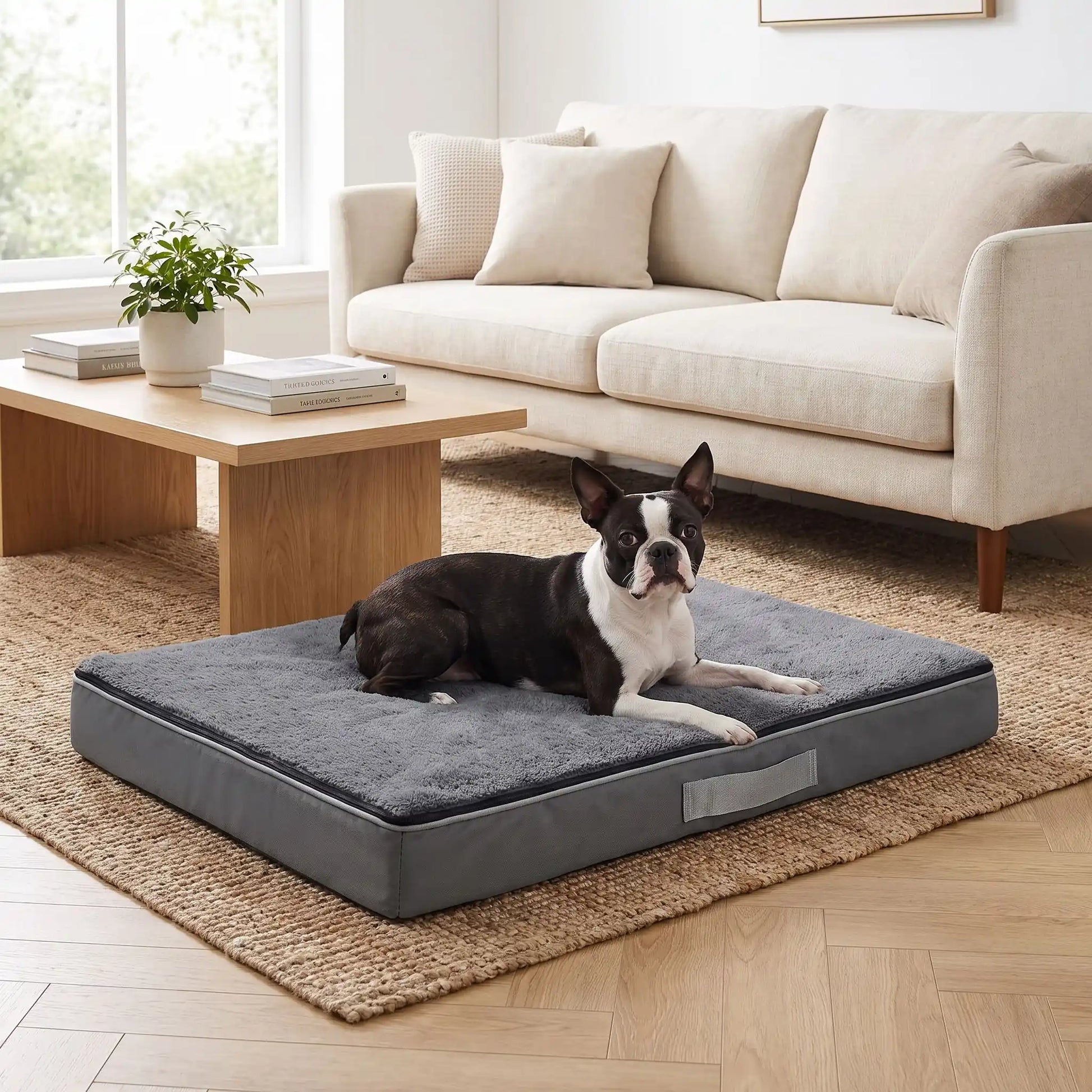 Coussin-déhoussable-chien-chiot-orthopédique avec son matelas à mémoire de forme, éponge coton haute densité anti-affaissement, rectangulaire et épais, housse tissu oxford 600D ultr-résistant et solide avec couverture en peluche, lit 4 saisons, amovible avec fermeture éclair, 100% imperéable et antidérapant, déhoussable et lavable en machine, disponible en 3 tailles S, M et L pour chien jusqu'à 25 kilos max-un chien moyenne race couché confortablement sur le coussin gris en peluche et tissu imperméable 