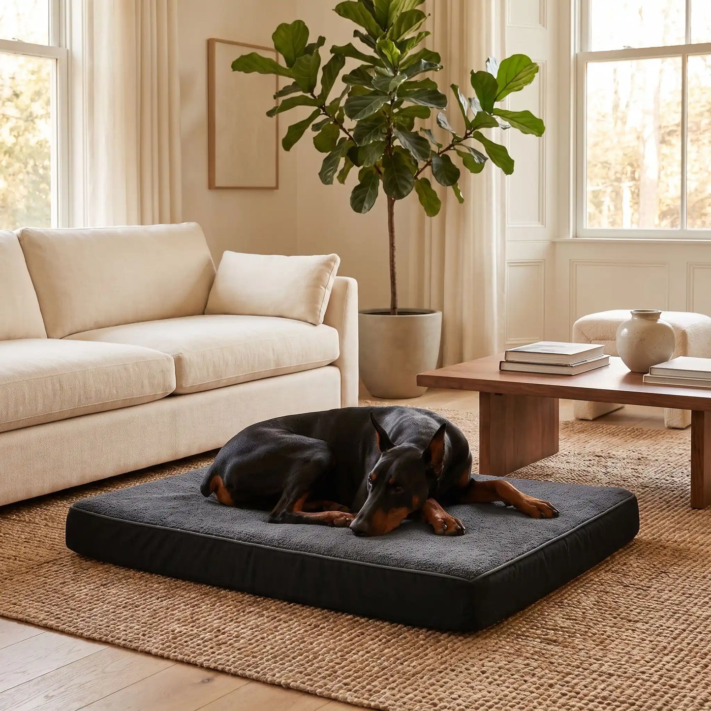 Coussin-déhoussable-pour-chien-chiot-orthopédique avec son mateals à mémoire de forme, éponge coton haute densité anti-affaissement, rectangulaire et épais, housse tissu oxford 600D ultr-résistant et solide avec couverture en peluche, lit 4 saisons, amovible avec fermeture éclair, 100% imperéable et antidérapant, déhoussable et lavable en machine, disponible en 4 tailles M, L, XL et XXL pour chien jusqu'à 45 kilos max-un grand chien qui dort paisiblement sur le matelas rectangulaire noir et couverture grise