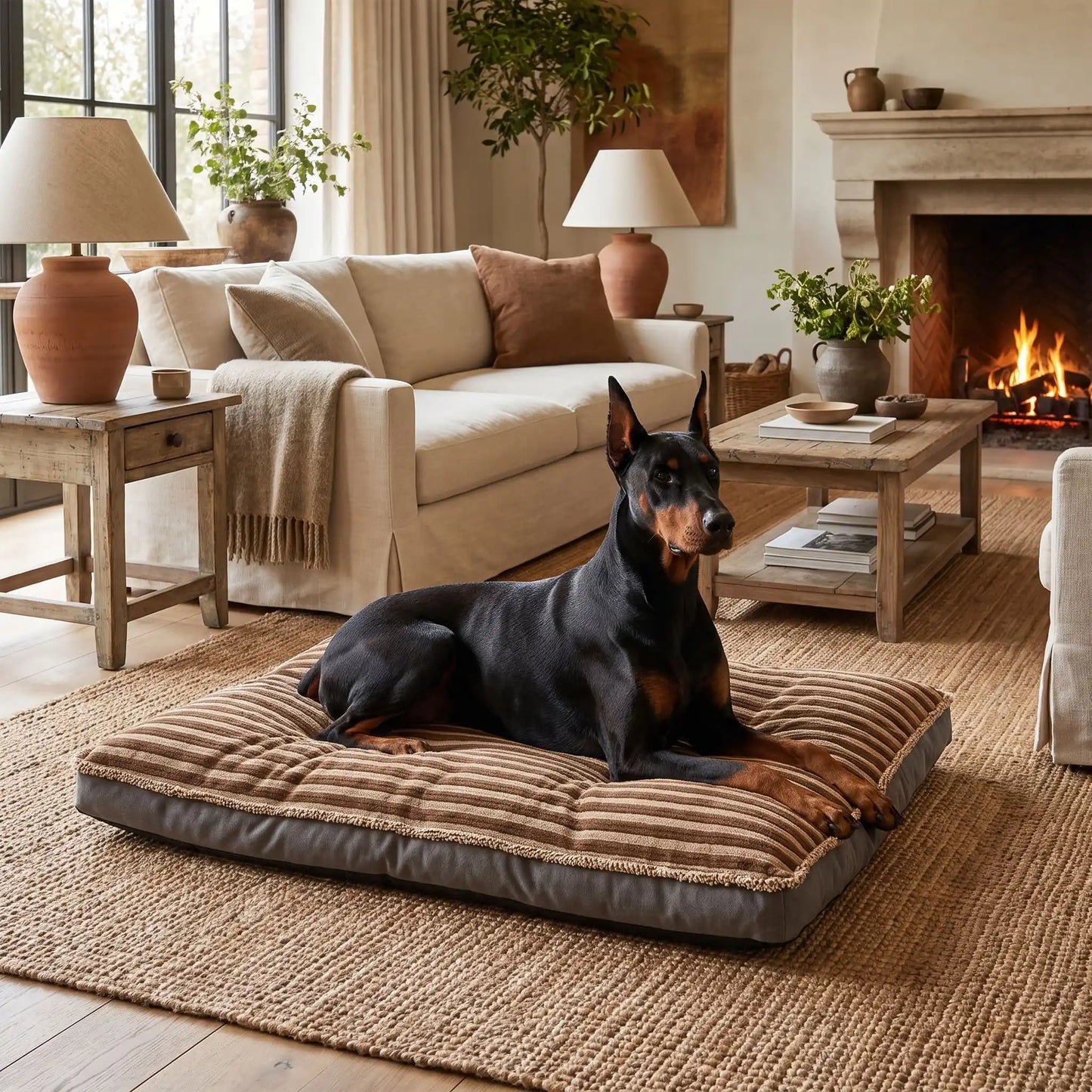 Coussin-déhoussable-pour-chien-chiot-matelas rectangulaire épais, rembourrage 100% coton haute densité ergonomique, totalement déhoussable et lavable en machine, housse en velours côtelé doux et résistant au griffes et morsures, fond imperlméable et antidérapant,transportable et léger en 3 tailles L, XL et XXL pour chien de toute tailles jusqu'à 45 kg max-un chien de grande taille couché confortablement sur son lit épais design marron et camel rectangulaire sur le sol de le salon de la maison