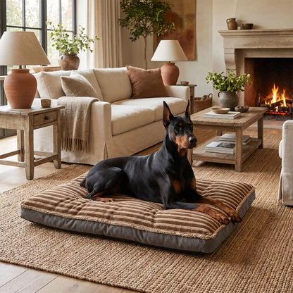 Coussin-déhoussable-pour-chien-chiot-matelas rectangulaire épais, rembourrage 100% coton haute densité ergonomique, totalement déhoussable et lavable en machine, housse en velours côtelé doux et résistant au griffes et morsures, fond imperlméable et antidérapant,transportable et léger en 3 tailles L, XL et XXL pour chien de toute tailles jusqu'à 45 kg max-un chien de grande taille couché confortablement sur son lit épais design marron et camel rectangulaire sur le sol de le salon de la maison