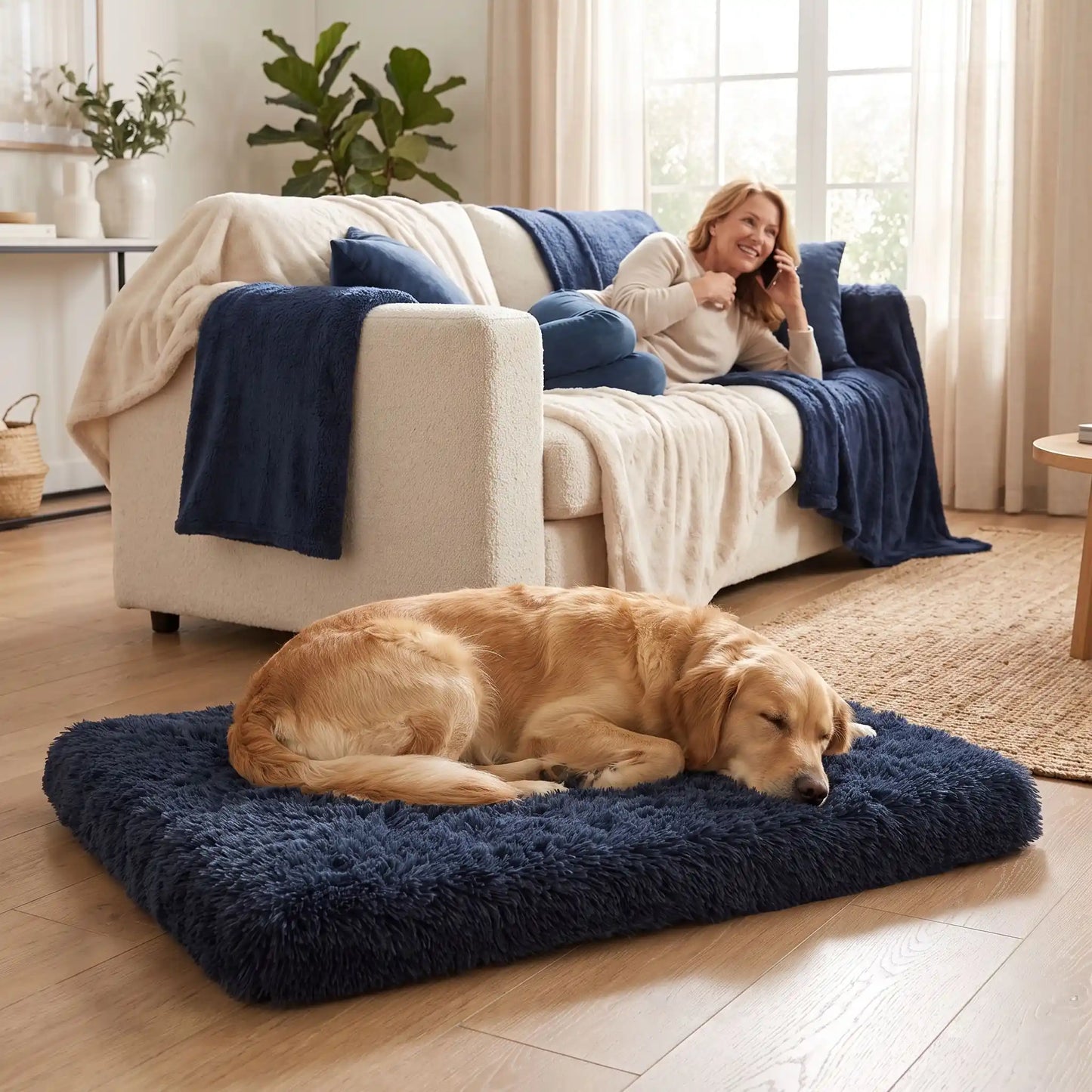 Coussin-déhoussable-pour-chien-chiot-lit-orthopédique-housse en peluche resistante et ultra douce, matelas à memoire de forme 100% coton haute résilience , housse 100% imperméable et antidérapant, lavavble en machien, rectangulaire, polyvalent : au sol, dans un panier, niche, cage interieur, cage de transport, etc. disponible en 4 tailles S, M L et XL pour chiot et chien de 0 à 35 kg max-un chien de grande taille qui dort sur son coussin en peluche gris foncé au pied de sa maitresse allongée sur le canapé 