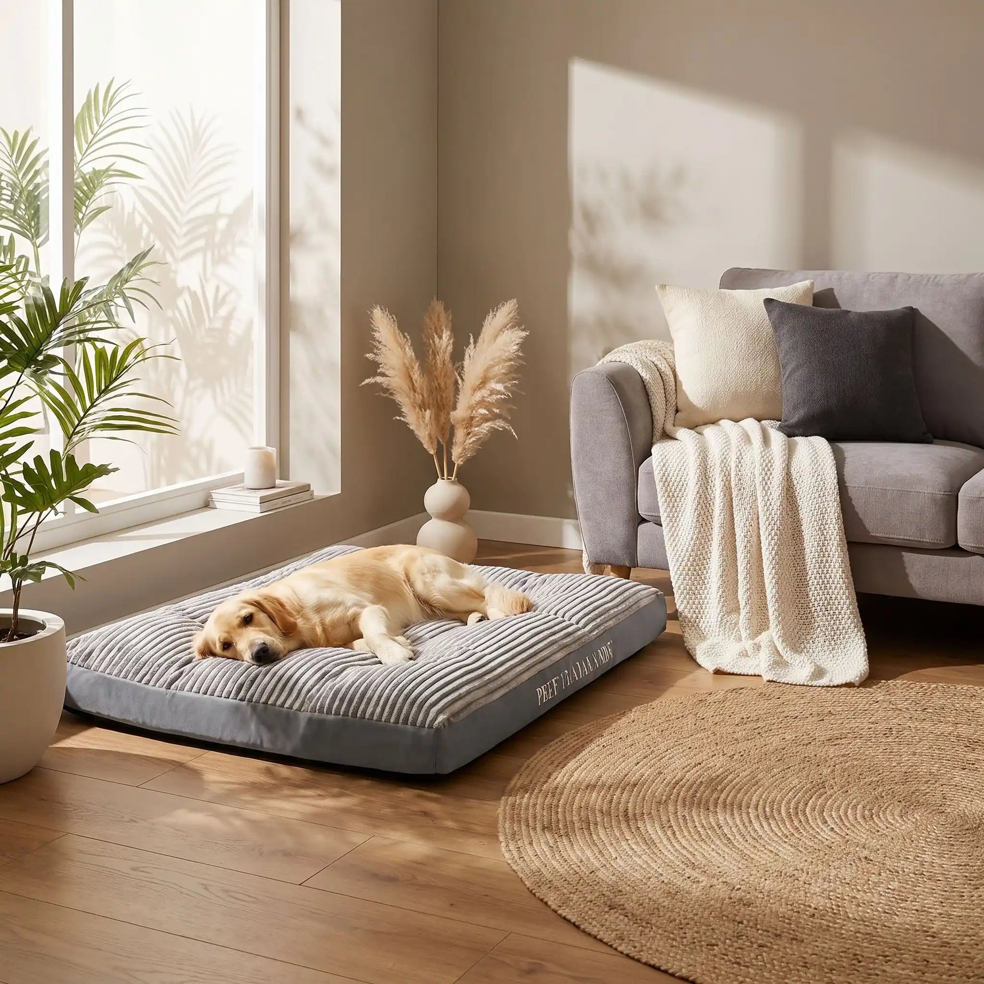Coussin-déhoussable-pour-chien-chiot-matelas rectangulaire épais, rembourrage 100% coton haute densité ergonomique, totalement déhoussable et lavable en machine, housse en velours côtelé doux et résistant au griffes et morsures, fond imperlméable et antidérapant,transportable et léger en 3 tailles L, XL et XXL pour chien de toute tailles jusqu'à 45 kg max-un chien de grande taille couché confortablement sur son lit xxl épais design gris rectangulaire sur le sol du salon de l'appartement