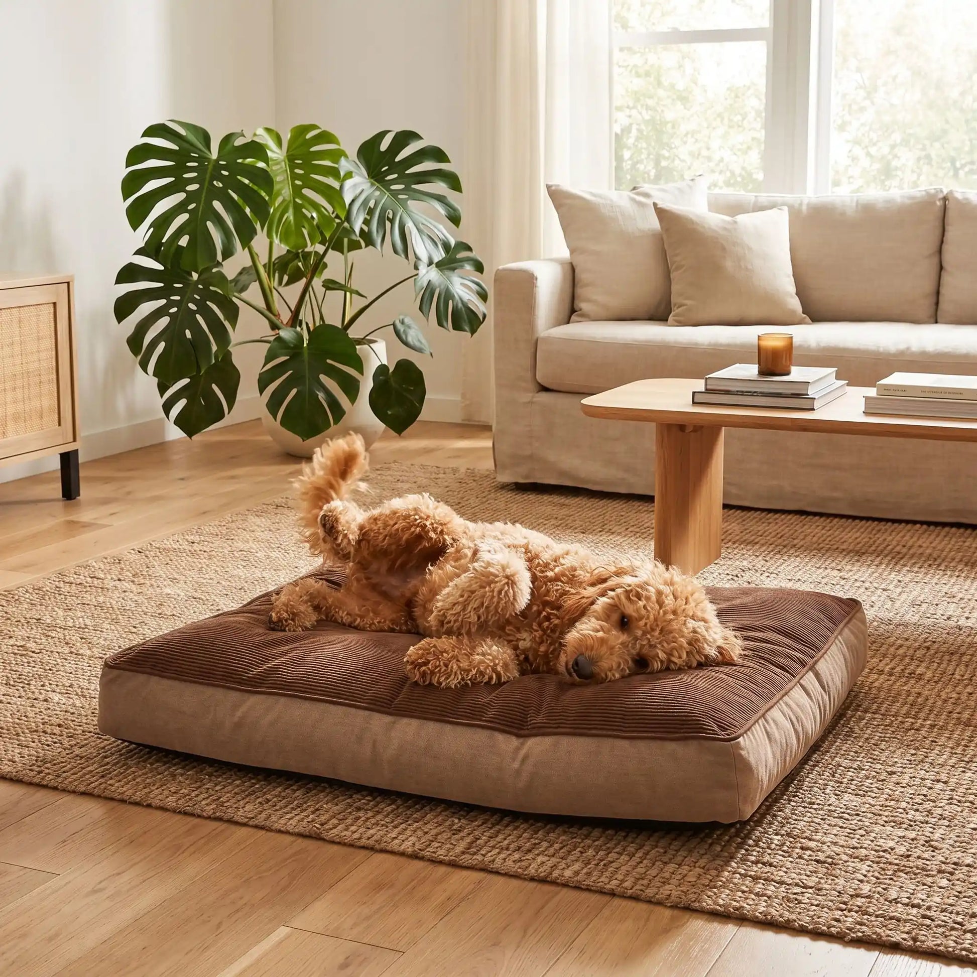Coussin-déhoussable-pour-chien-chiot-matelas rectangulaire épais, rembourrage 100% coton haute densité ergonomique, totalement déhoussable et lavable en machine, housse en velours côtelé doux et résistant au griffes et morsures, fond imperlméable et antidérapant,transportable et léger en 3 tailles L, XL et XXL pour chien de toute tailles jusqu'à 45 kg max-un chien de petite taille couché confortablement sur son lit taille L épais design marron rectangulaire sur le sol du salon de l'appartement