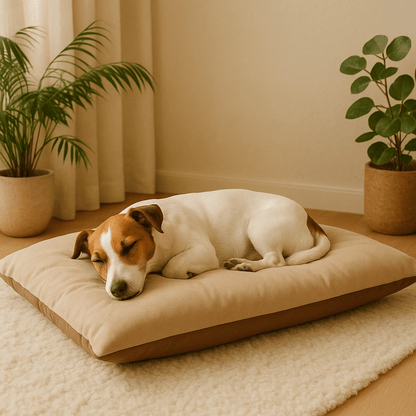 Coussin-imperméable-pour-chien-cage-panier-un petit chien qui dort confortablement sur le coussin marron en cuir PU et tissu frais oxford nylon et rembourrage 100% coton PP dans le salon de l'appartement