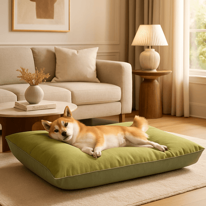 Coussin-imperméable-pour-chien-chiot-de-petite-à-moyenne taille-un corgi welsh couché sur le flanc dans le coussin moelleus et rembourré 100% coton dans le salon douillet de sa maison