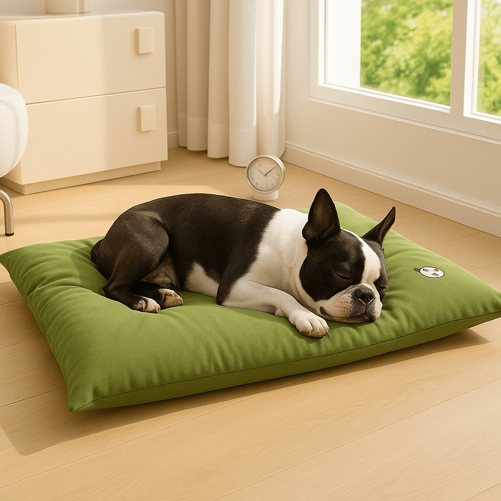 Coussin-impermeable-pour-chien-cuir-PU-résistant au griffes et morsure-rembourrage 100% coton haute densité hypoallergénique-un Boston Terrier couché sur le ventre qui dort la tête posée délicatement sur le coussin épais et confortable-4 saisons-frais et chaud  