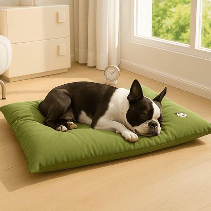 Coussin-impermeable-pour-chien-cuir-PU-résistant au griffes et morsure-rembourrage 100% coton haute densité hypoallergénique-un Boston Terrier couché sur le ventre qui dort la tête posée délicatement sur le coussin épais et confortable-4 saisons-frais et chaud  
