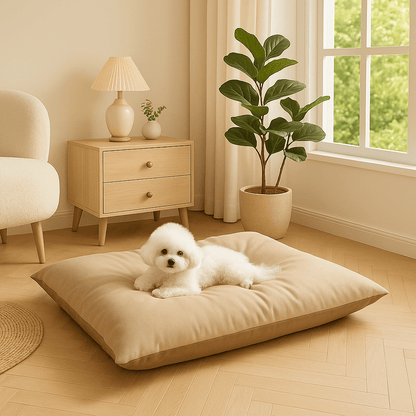 Coussin-imperméable-pour-chien-solide-un chien de race naine couché sur le grand coussin rectangulaire épais et rembourré 100% coton PP-cuir PU et tissu oxford dans le salon au design moderne de la maison