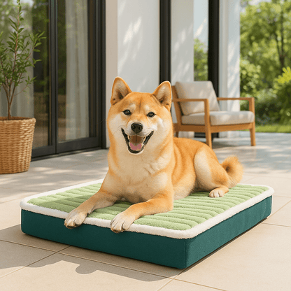 Coussin-orthopédique-pour-chien-déhoussable et lavable en machine-antidérapant-imperméable-un chien de taille moyenne couché heureux et confortablement sur son matelas à mémoire de forme sur la terrasse de la maison