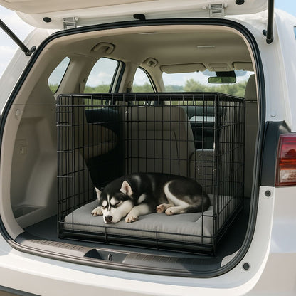 Coussin-pour-chien-XXL-un grand chien qui dort confortablement sur le matelas rectangulaire en forme de coussin 100% coton PP dans sa cage de transport placée dans le coffre de la voiture
