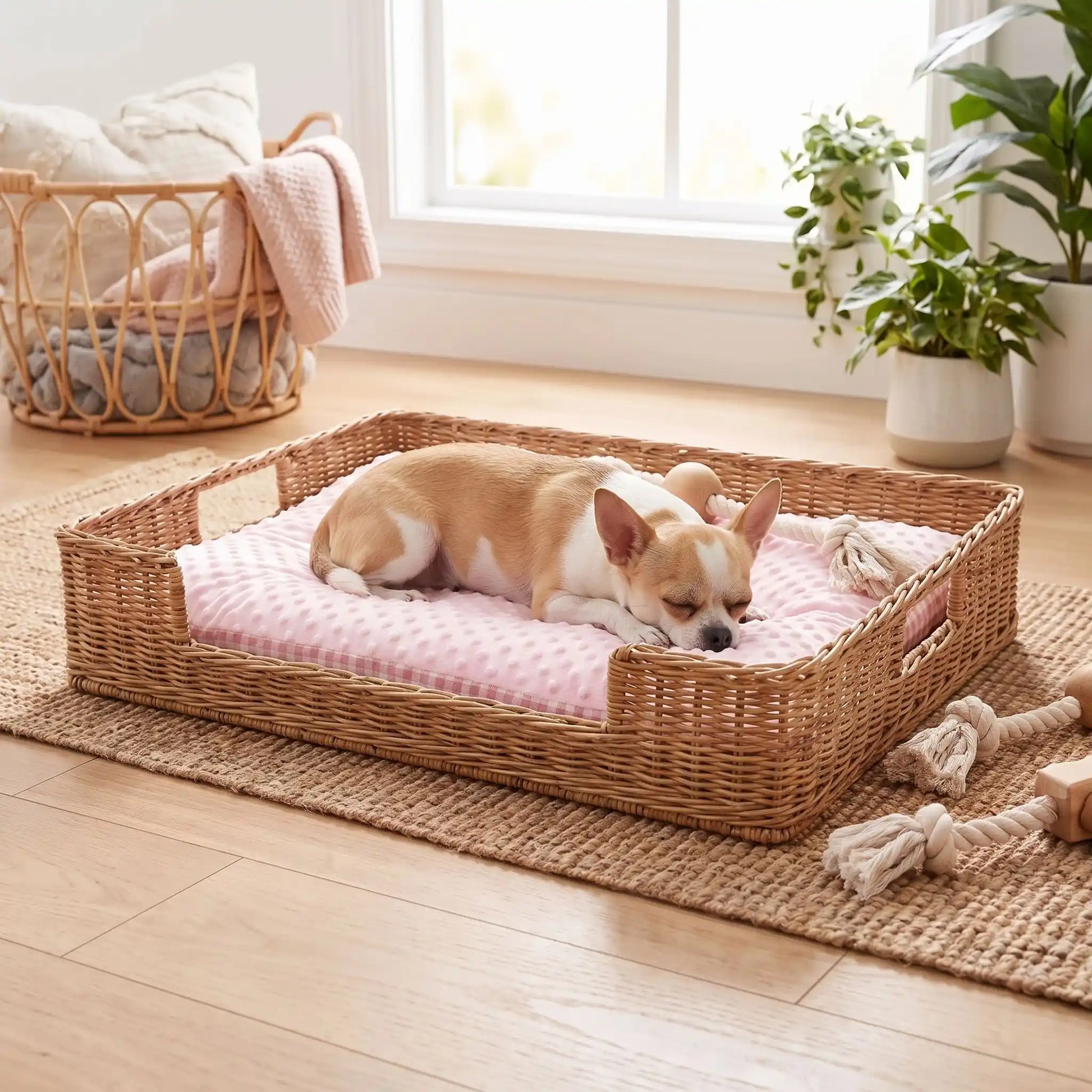 Coussin-pour-chien-chiot-rectangulaire-couchage d'appoint pour panier, niche, cage , voiture, canapé, etc-  rembourrage 100% coton haute densité ergonomique, réversible face été 100% coton respirant avec carreaux vichy et face hiver en velours, lavable en machine, disponible en 3 tailles pour chiot et chien de petite à moyenne taille de 0 à 15 kg-un chien de race naine qui dort en boule paisiblement sur son coussin côté hiver en velours dans son panier rectangulaire en osier dans le salon