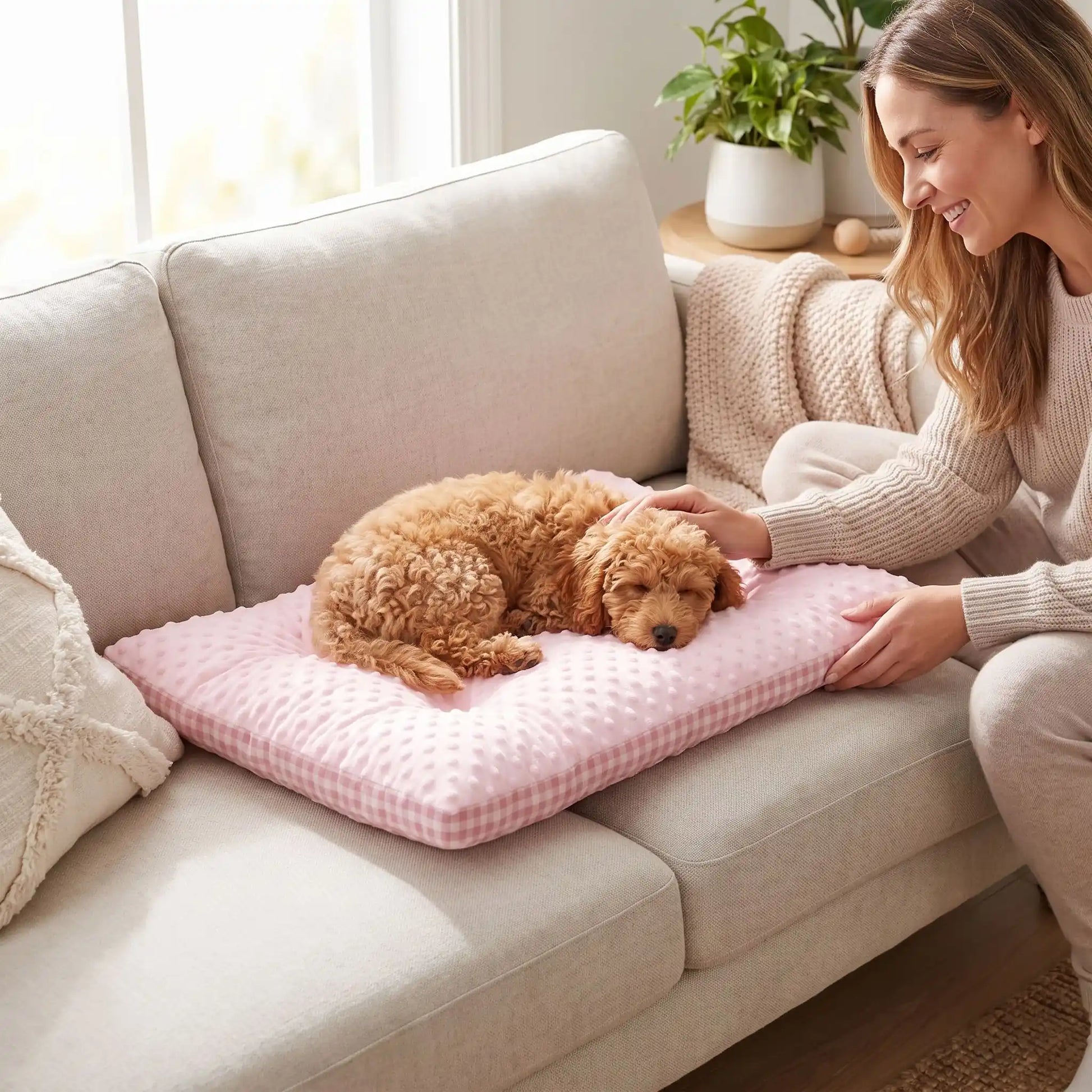 Coussin-pour-chien-chiot-rectangulaire-couchage d'appoint pour panier, niche, cage , voiture, canapé, etc-  rembourrage 100% coton haute densité ergonomique, réversible face été 100% coton respirant avec carreaux vichy et face hiver en velours, lavable en machine, disponible en 3 tailles pour chiot et chien de petite à moyenne taille de 0 à 15 kg-un caniche qui s'endort paisiblement sur son coussin côté hiver en velours rose sur le canapé du salon où sa maitresse le caresse tendrement dans le salon 