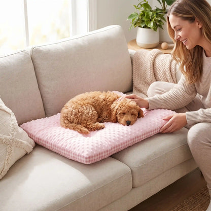 Coussin-pour-chien-chiot-rectangulaire-couchage d'appoint pour panier, niche, cage , voiture, canapé, etc-  rembourrage 100% coton haute densité ergonomique, réversible face été 100% coton respirant avec carreaux vichy et face hiver en velours, lavable en machine, disponible en 3 tailles pour chiot et chien de petite à moyenne taille de 0 à 15 kg-un caniche qui s'endort paisiblement sur son coussin côté hiver en velours rose sur le canapé du salon où sa maitresse le caresse tendrement dans le salon 