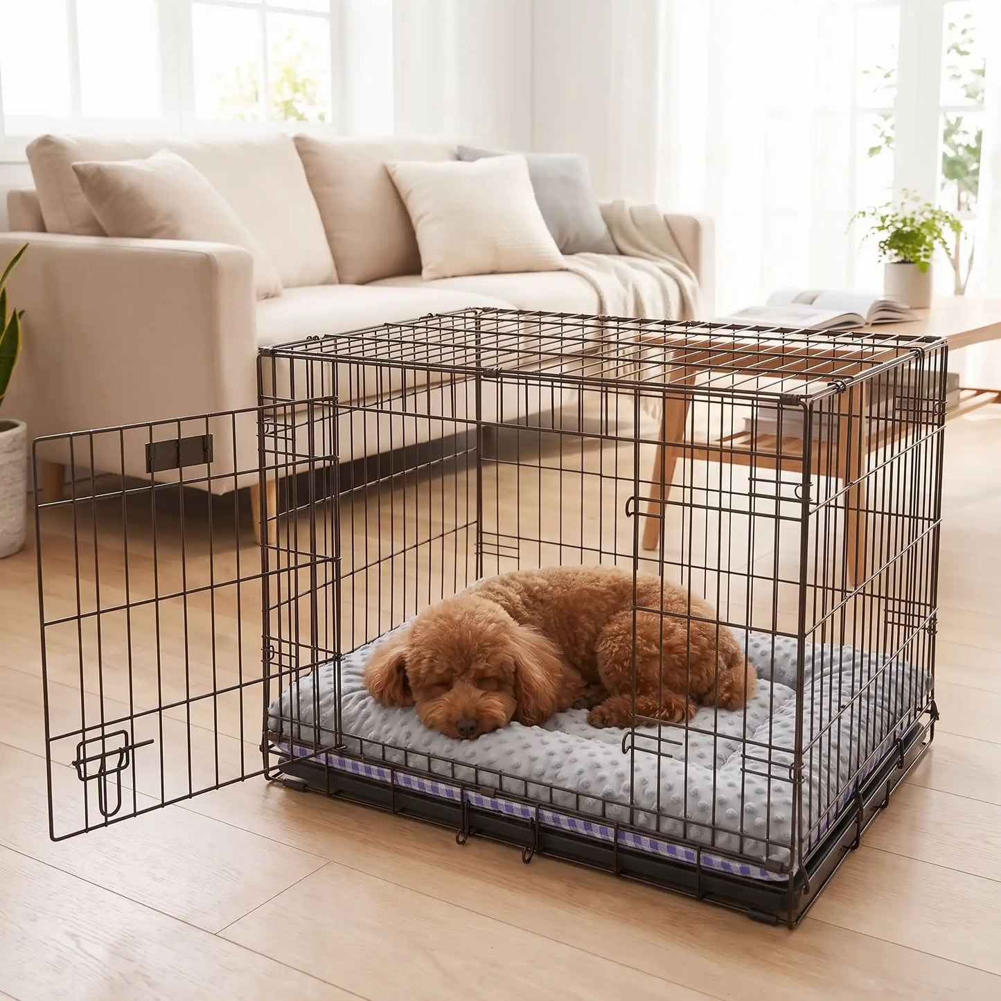 Coussin-pour-chien-chiot-rectangulaire-couchage d'appoint pour panier, niche, cage , voiture, canapé, etc-  rembourrage 100% coton haute densité ergonomique, réversible face été 100% coton respirant avec carreaux vichy et face hiver en velours, lavable en machine, disponible en 3 tailles pour chiot et chien de petite à moyenne taille de 0 à 15 kg-un chien de taille moyenne qui dort paisiblement sur son coussin dans sa cage de transport en acier