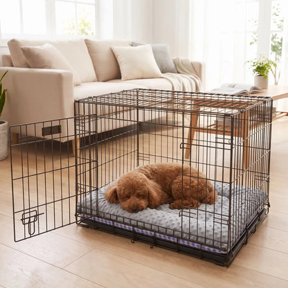 Coussin-pour-chien-chiot-rectangulaire-couchage d'appoint pour panier, niche, cage , voiture, canapé, etc-  rembourrage 100% coton haute densité ergonomique, réversible face été 100% coton respirant avec carreaux vichy et face hiver en velours, lavable en machine, disponible en 3 tailles pour chiot et chien de petite à moyenne taille de 0 à 15 kg-un chien de taille moyenne qui dort paisiblement sur son coussin dans sa cage de transport en acier