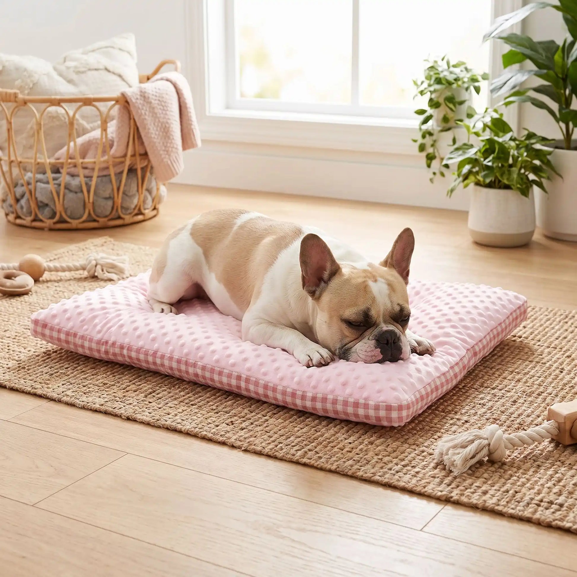 Coussin-pour-chien-chiot-rectangulaire-couchage d'appoint pour panier, niche, cage , voiture, canapé, etc-  rembourrage 100% coton haute densité ergonomique, réversible face été 100% coton respirant avec carreaux vichy et face hiver en velours, lavable en machine, disponible en 3 tailles pour chiot et chien de petite à moyenne taille de 0 à 15 kg-un chien de race moyenne qui dort paisiblement sur son coussin côté hiver en velours rose sur le sol du salon de l'appartement