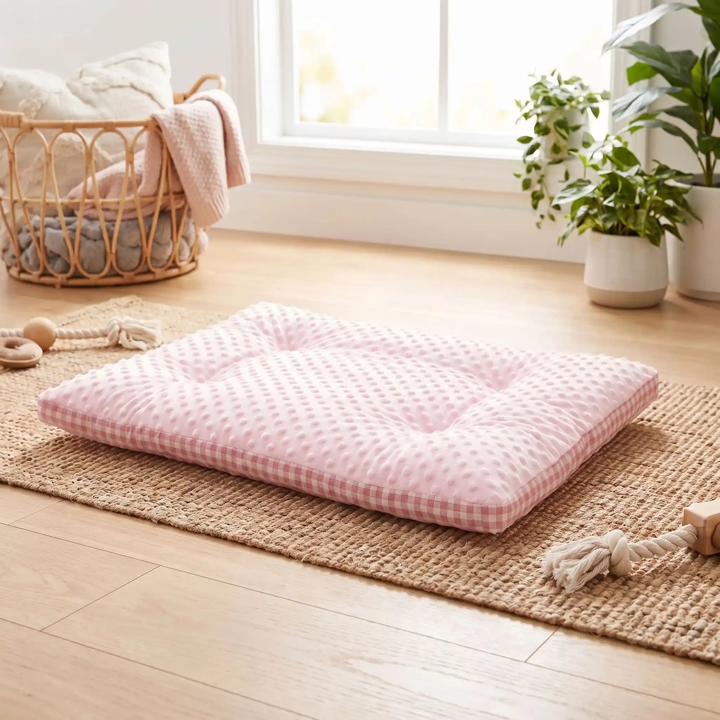 Coussin-pour-chien-chiot-rectangulaire-couchage d'appoint pour panier, niche, cage , voiture, canapé, etc-  rembourrage 100% coton haute densité ergonomique, réversible face été 100% coton respirant avec carreaux vichy et face hiver en velours, lavable en machine, disponible en 3 tailles pour chiot et chien de petite à moyenne taille de 0 à 15 kg-gros plan sur le coussin lavable côté hiver en velours et été en tissu coton de couleur rose sur le sol de la maison 