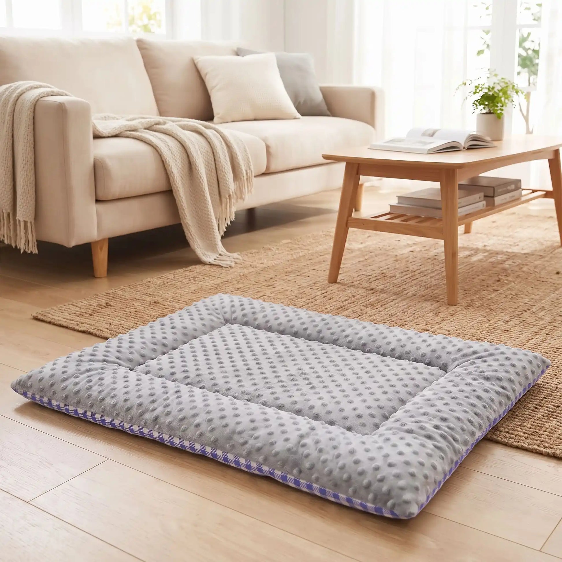 Coussin-pour-chien-chiot-rectangulaire-couchage d'appoint pour panier, niche, cage , voiture, canapé, etc-  rembourrage 100% coton haute densité ergonomique, réversible face été 100% coton respirant avec carreaux vichy et face hiver en velours, lavable en machine, disponible en 3 tailles pour chiot et chien de petite à moyenne taille de 0 à 15 kg-gros plan sur le coussin pour chien côté hiver en velours gris et tissu coton en carreaux vichy bleu sur le sol du salon de l'appartement