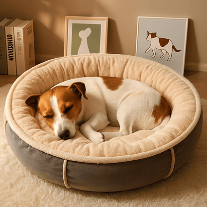 Coussin-pour-chien-peluche-velours-chaud-antidérapant rembourrage 100% coton haute densité-un chien de petite taille qui dort paisiblement niché en boule dans son panier rond douillet et ergonomique pour petit à moyen chien dans le salon de l'appartement
