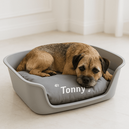 Coussin-pour-chien-personnalisé-multifonction-un Cairn terrier couché en boule sur son coussin imperméable au rembourrage 100% coton, déhoussable et lavable en machine dans son panier en plastique dans le salon de la maison
