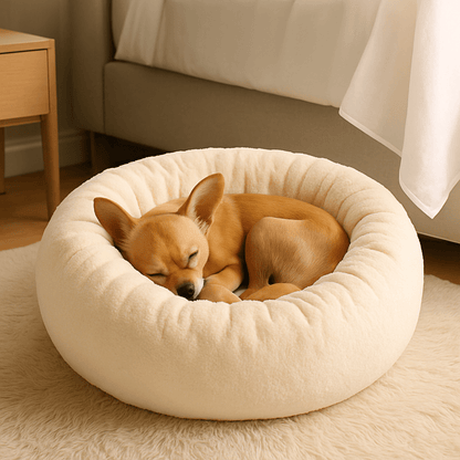 Coussin-pour-chien-chiot-chaud-lavable en machine-velours et rembourrage 100% coton haute densité ergonomique-antidérapant et imperméable-hypoallergénique-lit rond pour petit chien de 0 à 9 kg-un chien de race toy qui dort paisiblement couché en boule dans son coussin beige épais avec rebord surélevé aux matériaux naturels dans le salon de l'appartement