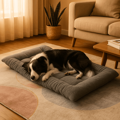 Coussin-pour-chien-réversible-tapis-matelas-pour chien xxl-double-face hiver en polaire et face été en tissu résistant aux griffes, lavable en machine-polyvalent, lit, cage de transport, panier, voiture-un Border Collie qui dort paisiblement sur son lit rembourré 100% coton haute densité sur le sol du salon de la maison