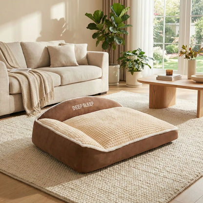 Coussin-pour-chien-xxl-matelas-à-mémoire-de-forme- avec-traversin en L rembourrage épais 100% coton haute densité ergonomique, imperméable antidérapant et déhoussable et lavable en machine pour chien de grande taille jusqu'à 50 kg max, résistant aux griffes et morsure- de couleur marron et beige