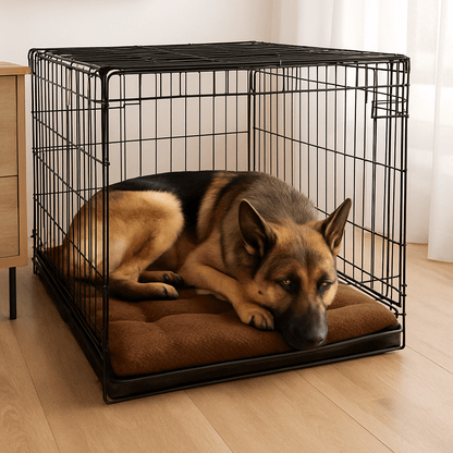 Coussin-pour-chien-xxl-tapis-un grand chien couché sur le coussin épais et lavable dans la cage de transport-fond antidérapant et design neutre