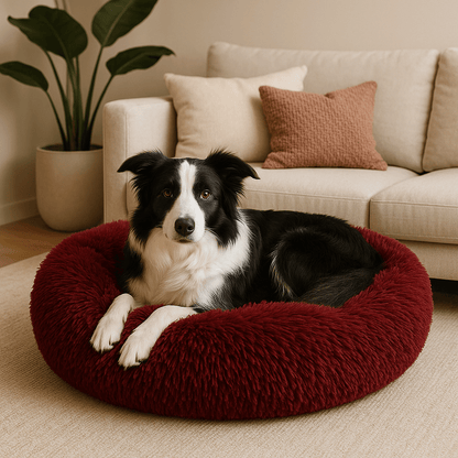 Coussin-xl-pour-chien-beignet-un Border Collie couché confortablement dans son lit rond en forme de donut de couleur bordeaux en peluche douce et rembourrage 100% coton haute densité et antidérapant dans le salon de la maison