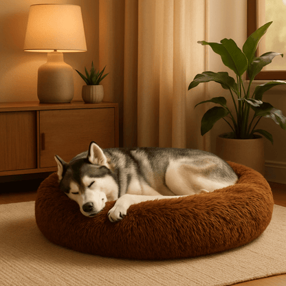 Coussin-xl-pour-chien-marron-lavable en machine-rembourrage 100% coton PP-peluche douce-un Husky qui dort paisiblement niché dans son lit rond en forme de donut anti-anxiété dans le salon de la maison