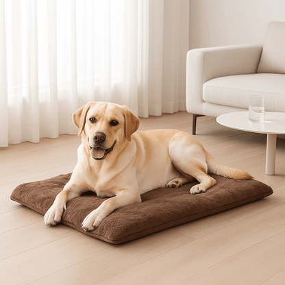 Couverture-chauffante-pour-chien-auto-coton-épais-ergonomique-déhoussable et lavable en machine-en velours doux-antidérapant, légère et transportable, polyvalente pour cage de transport, niche, panier, voiture, résistante aux griffes et morsures pour chien de petite à grande taille du S au XL-un chien de grande taille couché confortablement sur sa couverture auto chauffante marron dans le salon de la maison