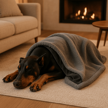 Couverture-imperméable-pour-chien-chiot-lavable en machine-double face molletonnée et polaire ultra-doux, polyvalente protège siège, canapé, voiture, cage, panier, lit, coussin pour chien de toute taille-hypoallergénique et résistant-de couleur gris dimensions de 100x70 cm-un grand chien qui dort paisiblement sous la couverture sur le sol du salon