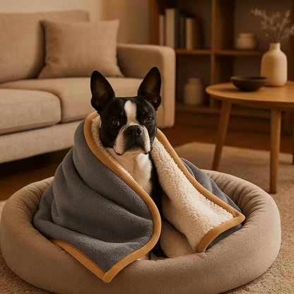 Couverture-imperméable-pour-chien-plaid-doux-double-face coton et sherpa chaud et respirant pour 4 saisons –reversible- protège meuble canapé, siège voiture, lit, panier, coussin, voyage, transport, cage pour chien de petite à moyenne taille lavable en machine, résistante aux griffes et morsures – un Boston Terrier assis et enveloppé au chaud dans sa couverture douillette et hypoallergénique dans coussin rond dans le salon de l'appartement