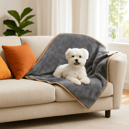 Couverture-imperméable-pour-chien-plaid-doux-double-face coton et sherpa chaud et respirant pour 4 saisons –réversible- protège meuble canapé, siège voiture, lit, panier, coussin, voyage, transport, cage pour chien de petite à moyenne taille lavable en machine, résistante aux griffes et morsures – un Coton de Tuléar cpuché confortablement sur sa couverture douillette et hypoallergénique sur le canapé du salon de la maison