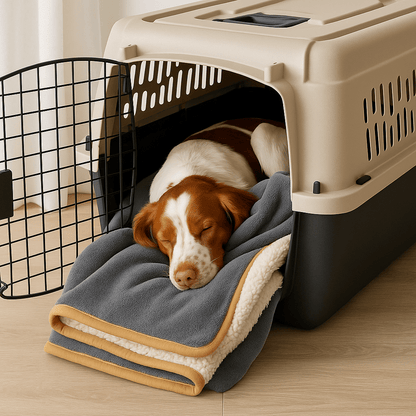 Couverture-imperméable-pour-chien-plaid-doux-double-face coton et sherpa chaud et respirant pour 4 saisons –réversible- protège meuble canapé, siège voiture, lit, panier, coussin, voyage, transport, cage pour chien de petite à moyenne taille lavable en machine, résistante aux griffes et morsures – un Épagneul breton au chaud sur sa couverture douillette et hypoallergénique dans sa cage de transport