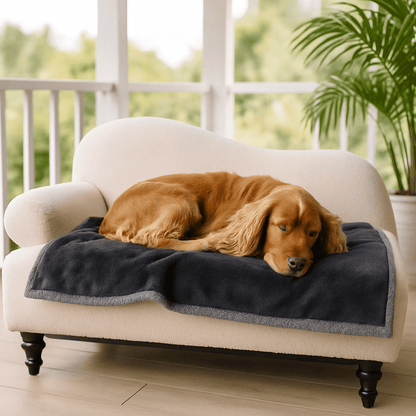 Couverture-imperméable-pour-chien-chiot-lavable en machine-double face molletonnée et polaire ultra-doux, polyvalente protège siège, canapé, voiture, cage, panier, lit, coussin pour chien de toute taille-hypoallergénique et résistant-de couleur gris dimensions de 100x70 cm-un chien moyen qui dort paisiblement sur la couverture sur son canapé sur la terrasse de la maison