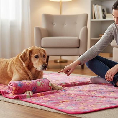 Couverture-pour-chien-design-pattes-de-chien-tissu corail toucher velours ultra-doux-coutures résistante et imperméable-lavable en machine pour chien de toute taille-un Golden Retriever couché avec sa maitresse assise avec lui sur la couverture moelleuse chaude, douce et respirante de couleur rose sur le sol du salon