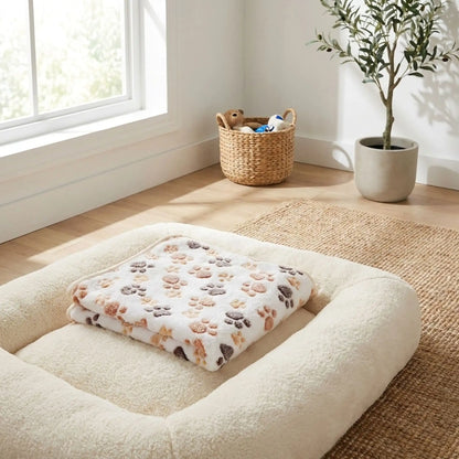 Couverture-pour-chien-design-pattes-de-chien-tissu corail toucher velours ultra-doux-coutures résistante et imperméable-lavable en machine pour chien de toute taille-blanc et marron