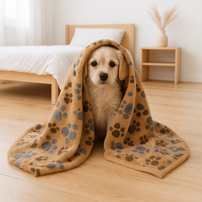 Couverture-pour-chien-design-pattes-de-chien-tissu corail toucher velours ultra-doux-coutures résistante et imperméable-lavable en machine pour chien de toute taille-un chiot assis sous la couverture moelleuse chaude, douce et respirante de couleur marron sur le sol du salon