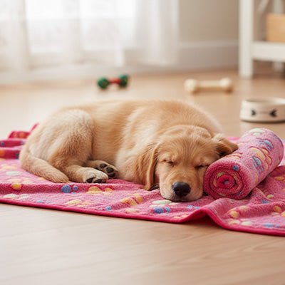 Couverture-pour-chien-design-pattes-de-chien-tissu corail toucher velours ultra-doux-coutures résistante et imperméable-lavable en machine pour chien de toute taille-un chien de grande taille qui dort sur la couverture moelleuse chaude, douce et respirante de couleur rose sur le sol du salon